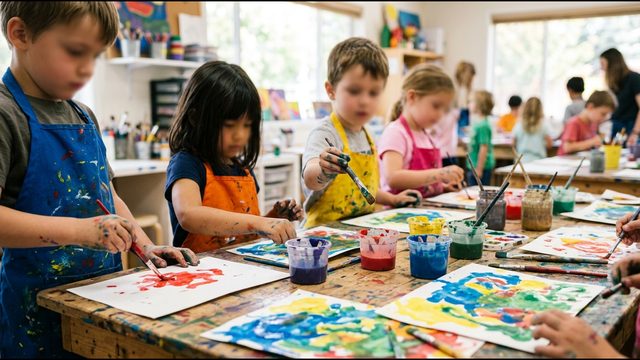 Young children in aprons painting with watercolors at a shared table in a bright art studio