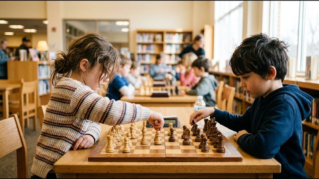 Two children playing chess at a wooden table in a library, with other kids playing at tables behind them