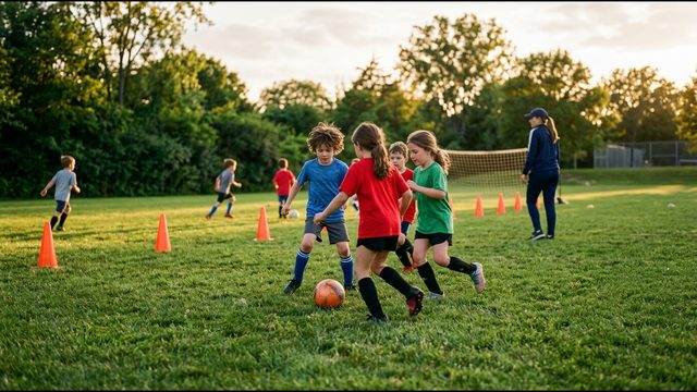 A group of young children playing soccer on a grass field with orange cones and a coach watching