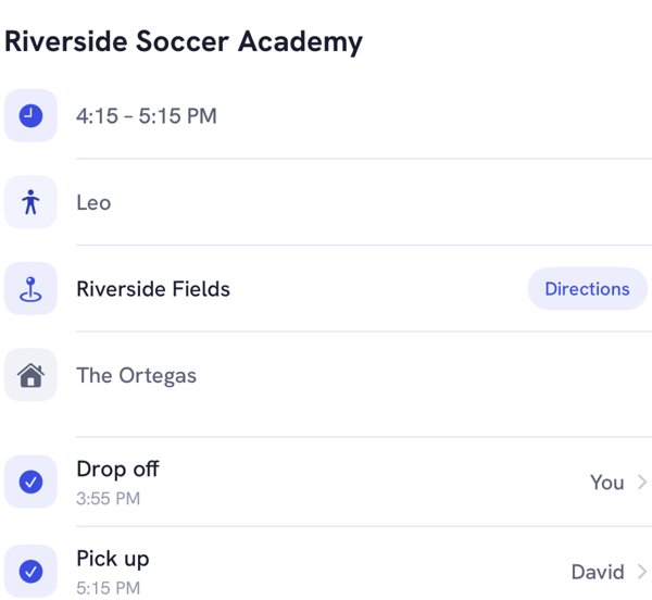 Kidbud class detail: Riverside Soccer Academy, drop-off by you at 3:55 PM, pickup by David at 5:15 PM