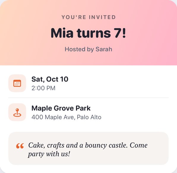 Kidbud birthday invite: Mia turns 7, hosted by Sarah, Saturday October 10 at 2:00 PM, Maple Grove Park, with a note about cake, crafts and a bouncy castle